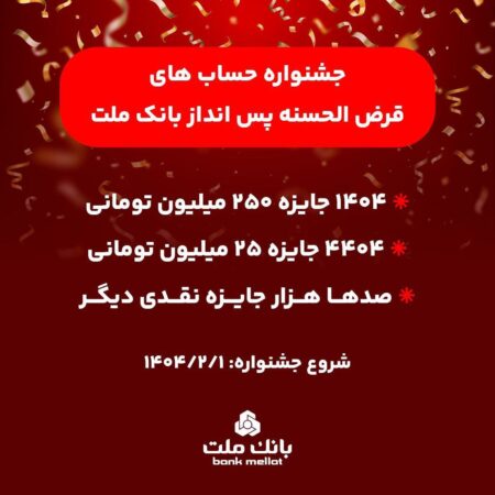 آغاز جشنواره حساب های قرض الحسنه پس انداز بانک ملت/ ۱۴۰۴ جایزه نقدی ۲۵۰ میلیون تومانی به همراه هزاران جایزه نقدی دیگر آغاز جشنواره حساب های قرض الحسنه پس انداز بانک ملت/ ۱۴۰۴ جایزه نقدی ۲۵۰ میلیون تومانی به همراه هزاران جایزه نقدی دیگر